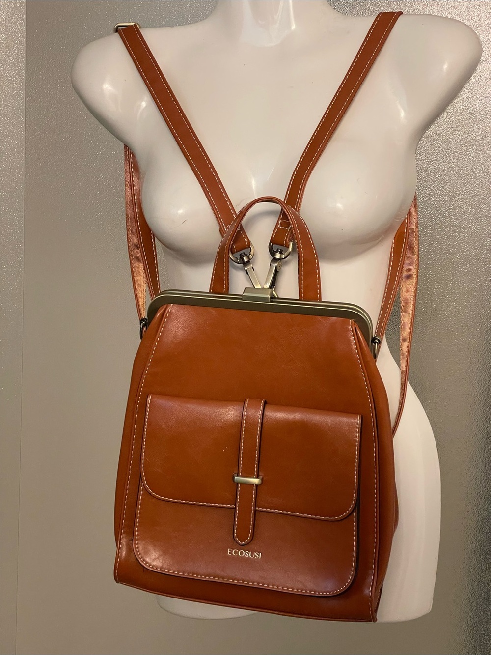 ECOSUSI Tan Faux Leather Backpack/Sling/Crossbody.